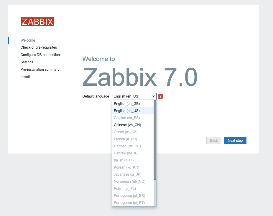 Zabbix Welcome page